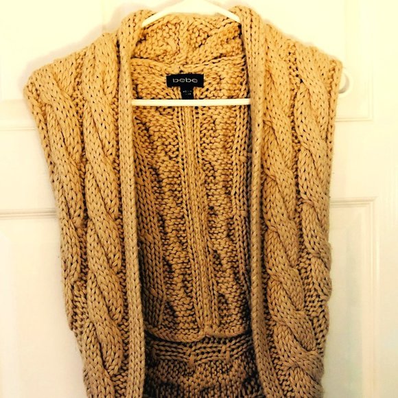 BEBE TAN CHUNKY CROCHET KNIT OPEN FRONT SWEATER WITH ROUNDED BACK SIZ… - Picture 1 of 7